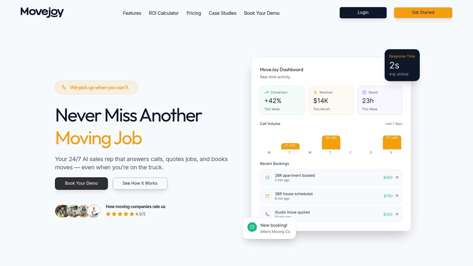 MoveJoy dashboard showing real-time call and booking analytics