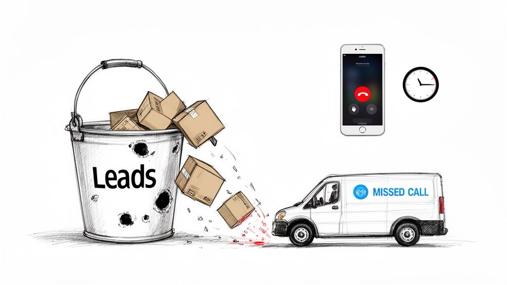 Leads leaking from a bucket with holes, falling towards a 'Missed Call' van, signifying lost business opportunities.