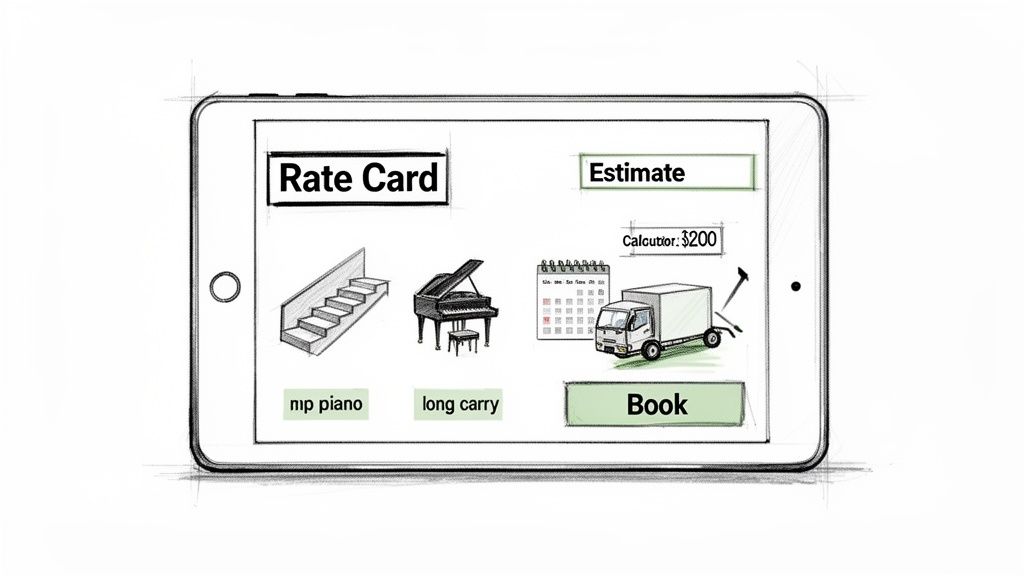 Sketched tablet interface of a moving service app displaying rate card, estimate, calendar, and moving truck options.