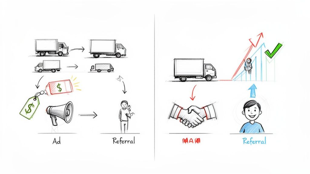 Hand-drawn comparison of traditional advertising costs versus customer referrals leading to business growth.