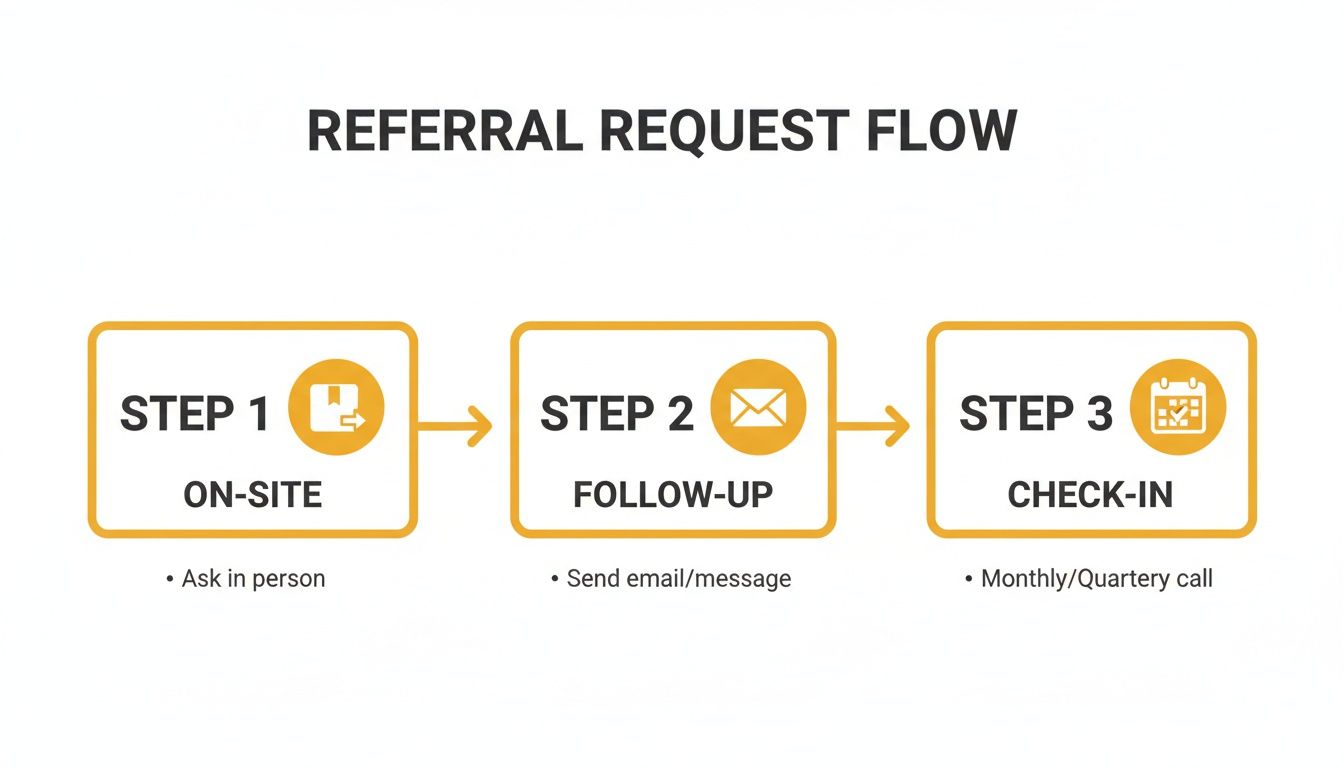 A three-step referral request flow diagram: On-site, Follow-up, and Check-in stages with details.