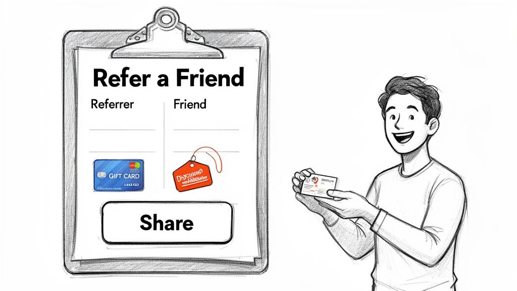 A cartoon illustration showing a 'Refer a Friend' program form with a gift card, discount tag, and a man holding a card.