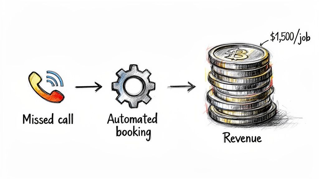 Illustration showing a missed call leading to automated booking and generating revenue of $1,500 per job.
