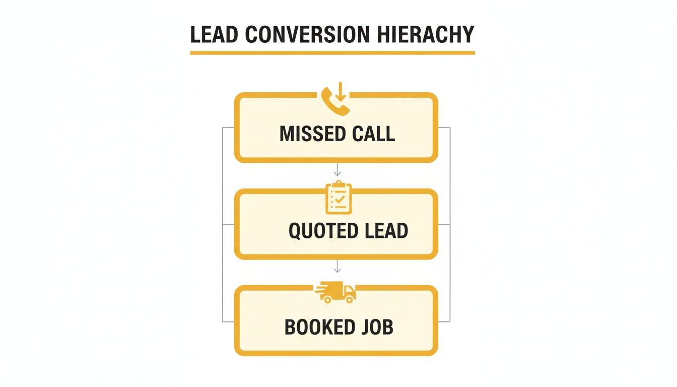 Flowchart illustrating the lead conversion hierarchy from a missed call to a booked job.