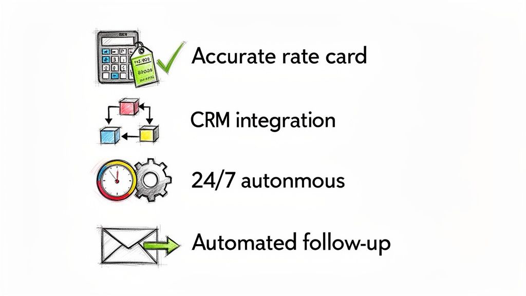 An illustration listing key features: accurate rate card, CRM integration, 24/7 autonomous, and automated follow-up.