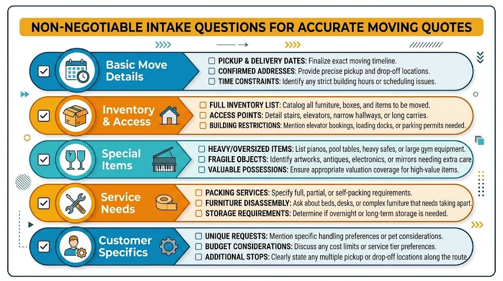 An infographic titled non-negotiable intake questions for accurate moving quotes with five sections detailing essential relocation information.