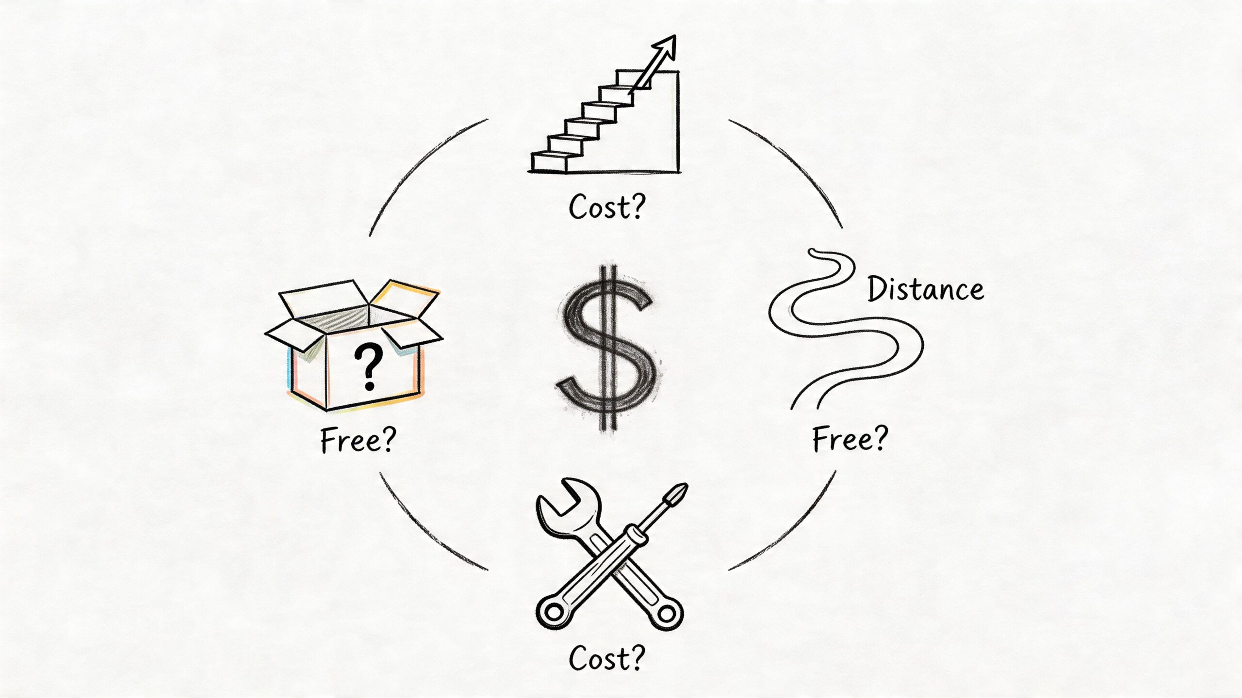 A conceptual diagram showing a dollar sign surrounded by icons representing moving costs like boxes, distance, and tools.