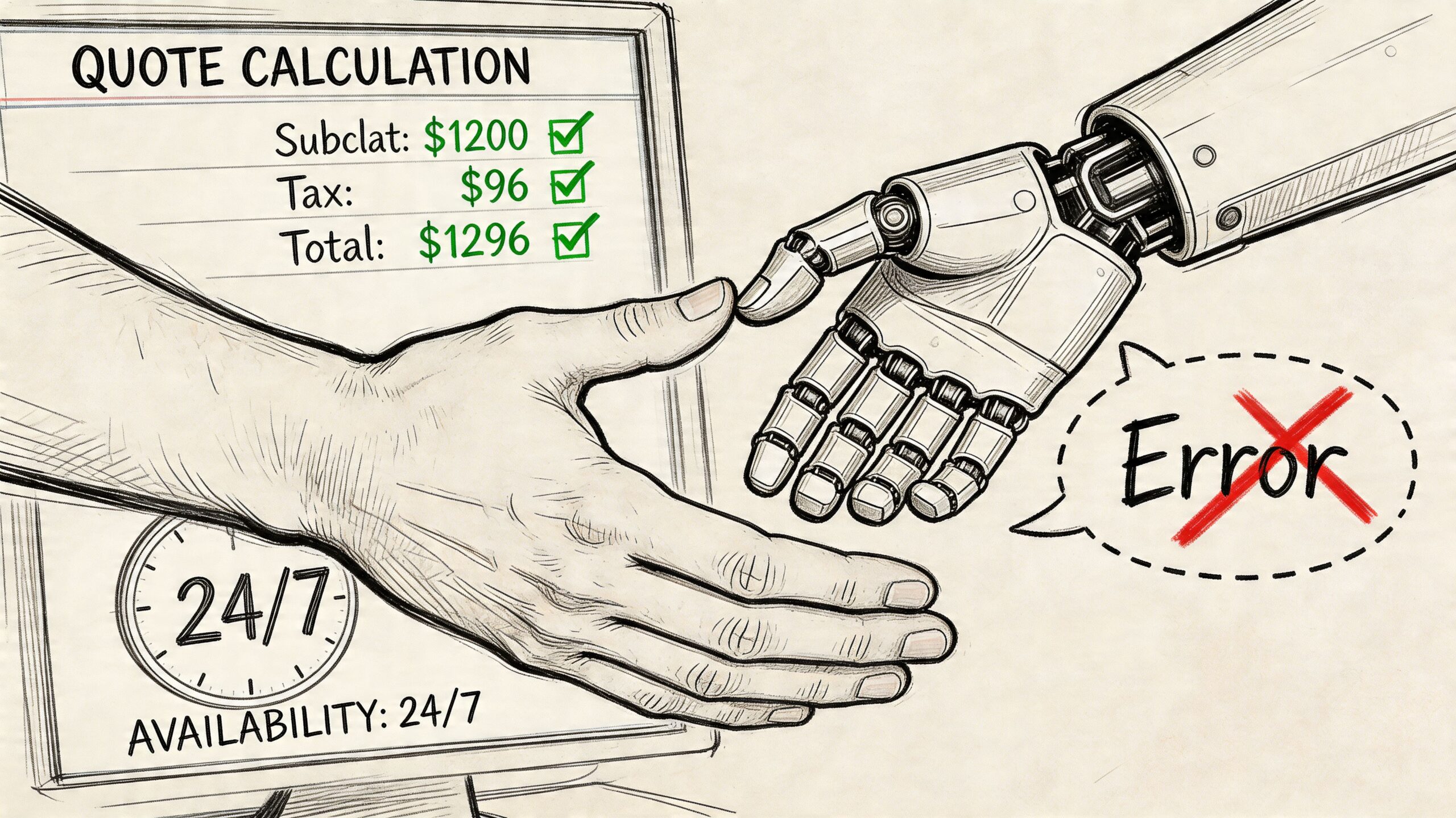 A human hand shaking a robotic hand next to a digital screen showing a quote calculation.