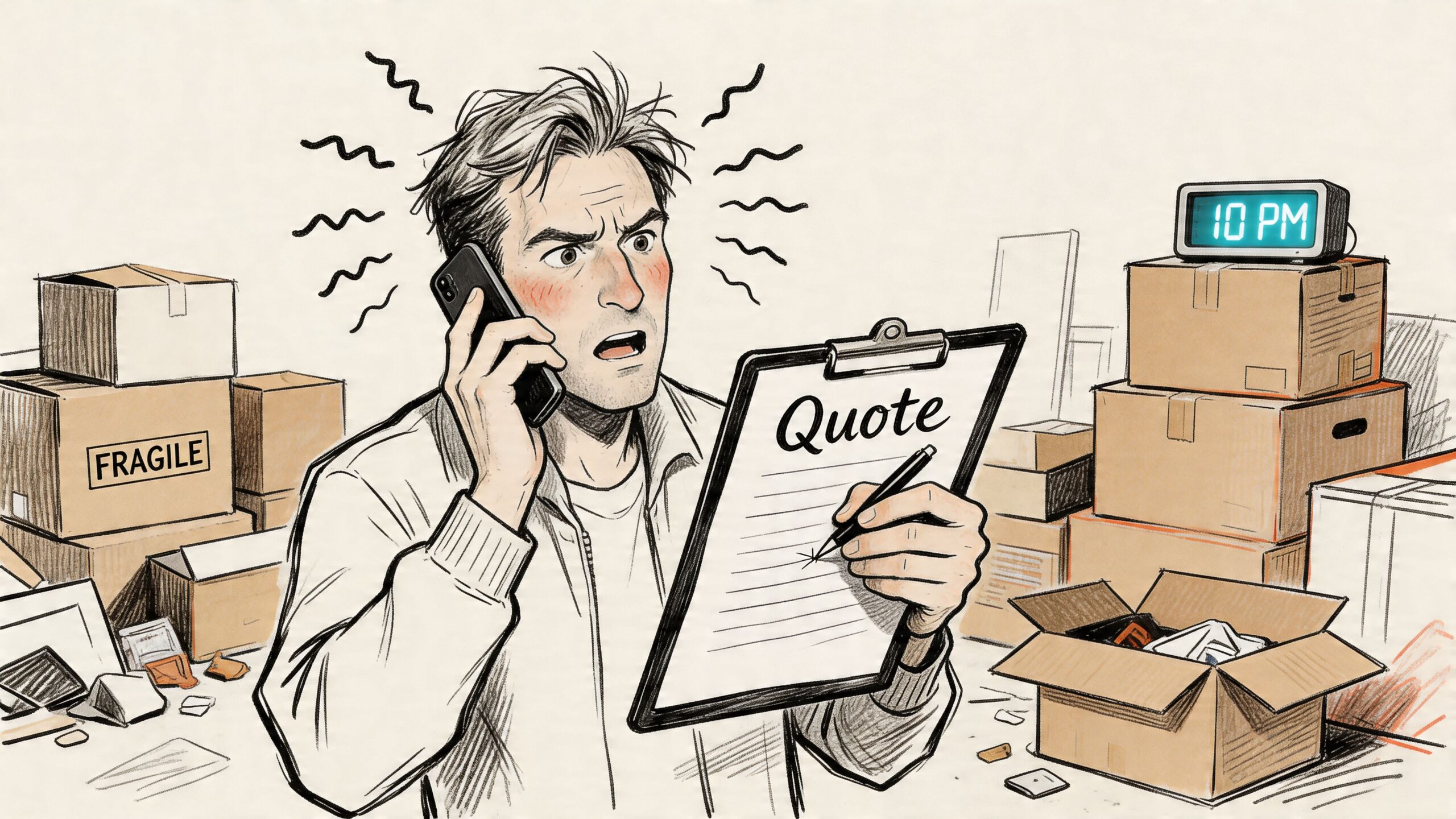 A stressed person handling moving logistics on the phone while reviewing a quote late at night.