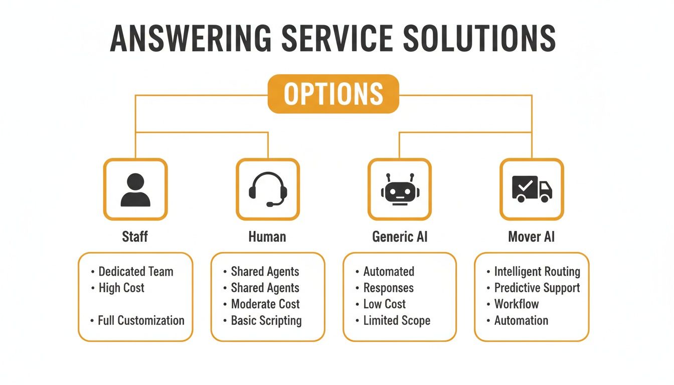 Diagram illustrating answering service solutions with options: Staff, Human, Generic AI, and Mover AI, detailing their features.