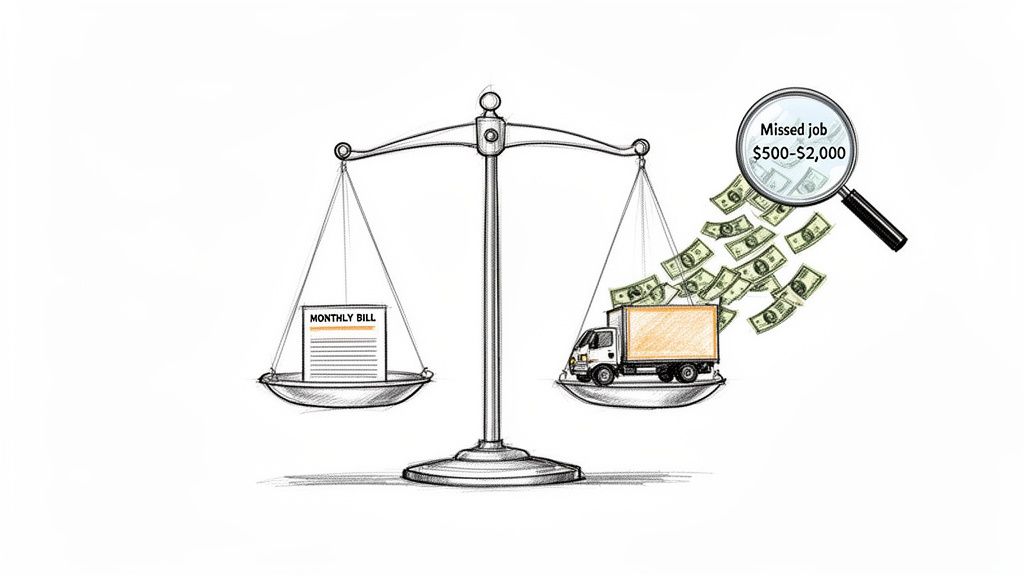 A scale balances a monthly bill against potential revenue loss from a missed truck job.