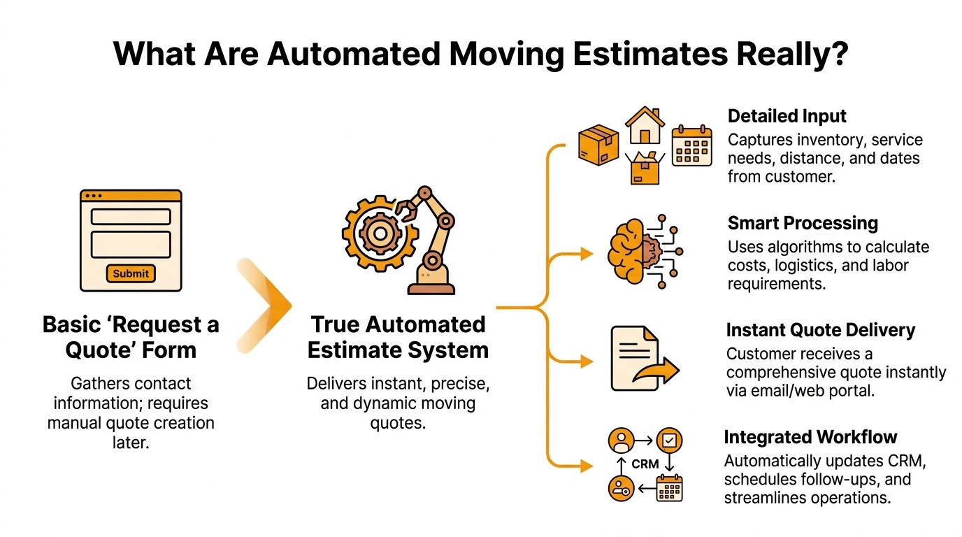 A diagram illustrating how automated moving estimate systems work, transforming manual forms into instant, precise customer quotes.