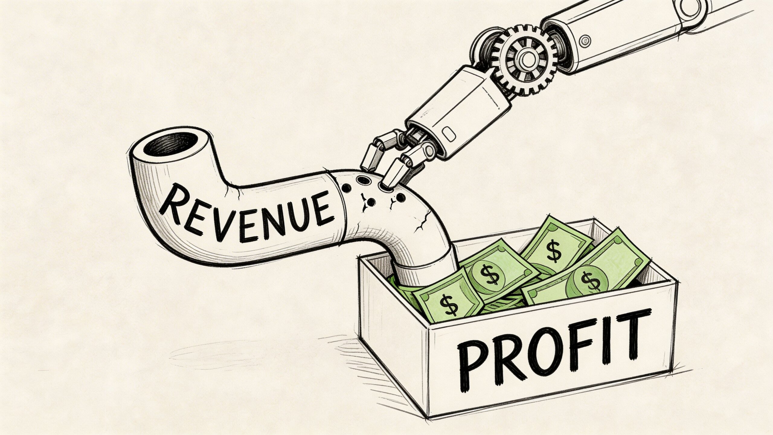 A mechanical robotic arm adjusting a pipe labeled revenue to fill a box labeled profit with money.
