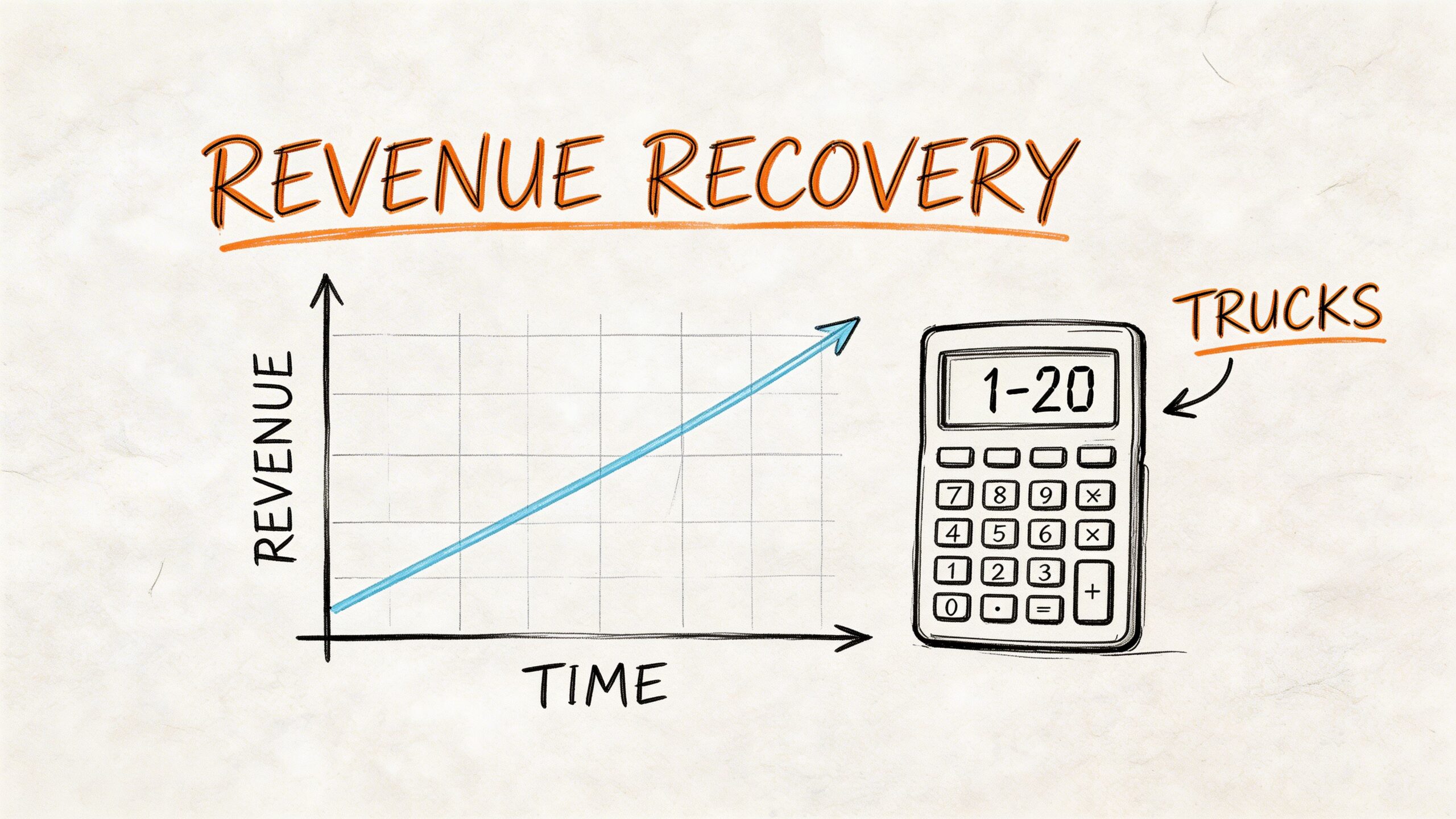 A hand-drawn illustration showing a line graph rising over time next to a calculator showing trucks.