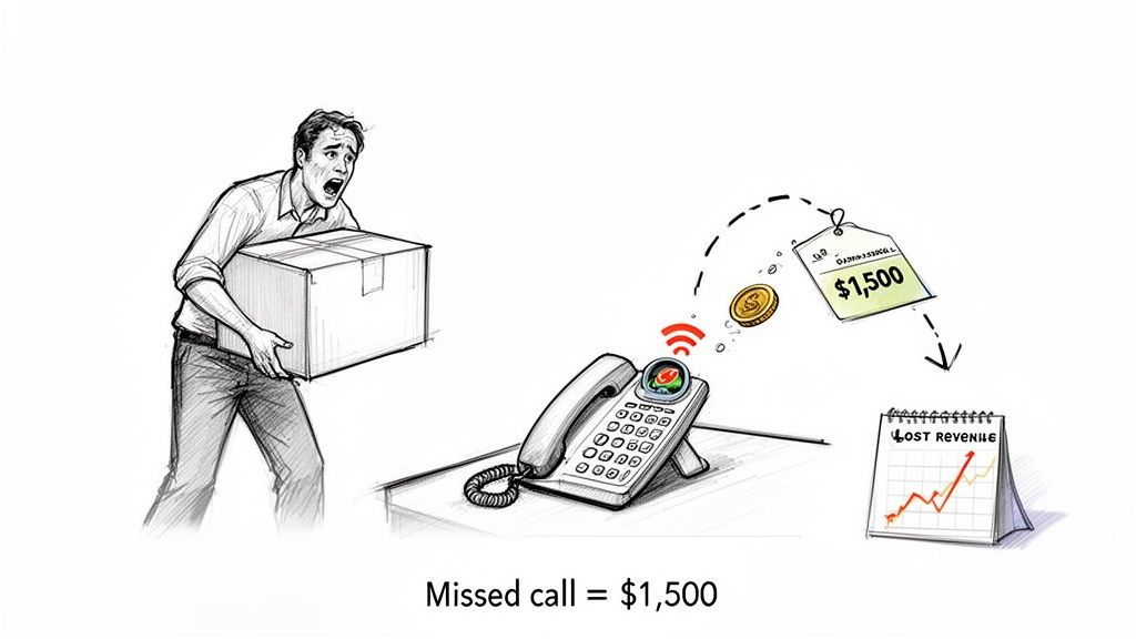 An illustration showing a man frustrated by a ringing phone, symbolizing a $1,500 missed call leading to lost revenue.