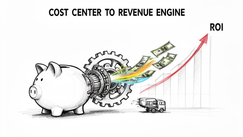 Illustration showing a piggy bank transforming into a revenue engine, generating money and driving ROI upwards.
