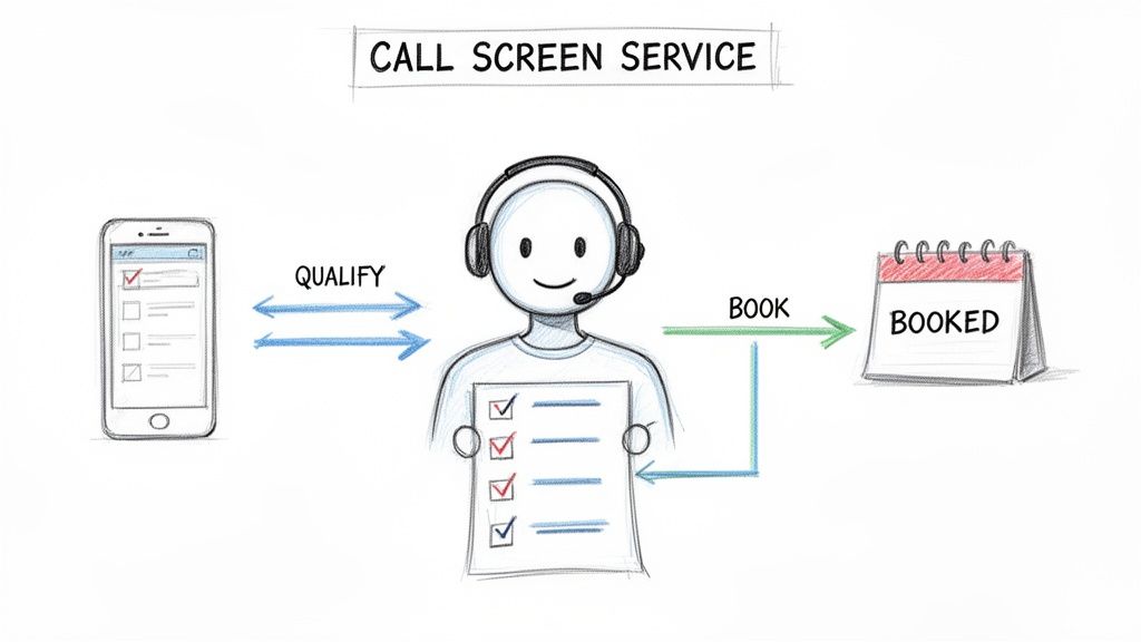A diagram shows a call screen service process: a phone user qualifies with an agent, who then books an appointment.