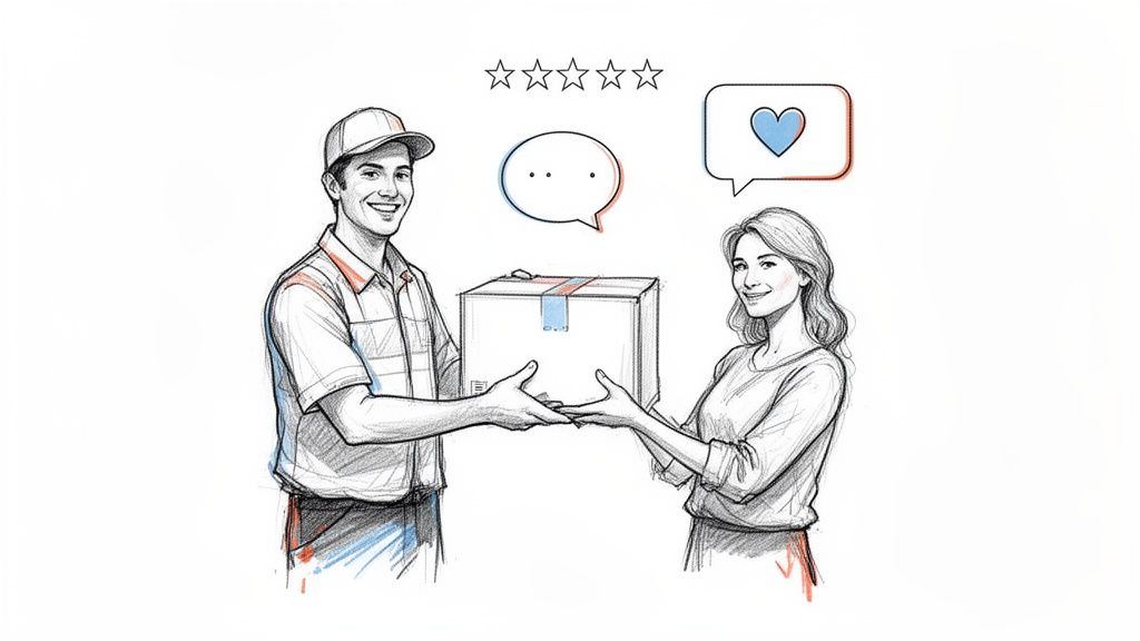 A delivery person hands a package to a smiling customer, with positive feedback symbols above.