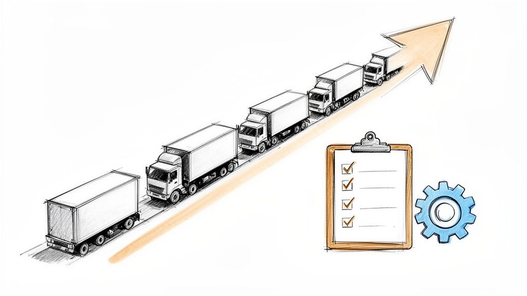 A line of semi-trucks moving up a growth arrow, next to a checklist and a gear, symbolizing logistics and growth.