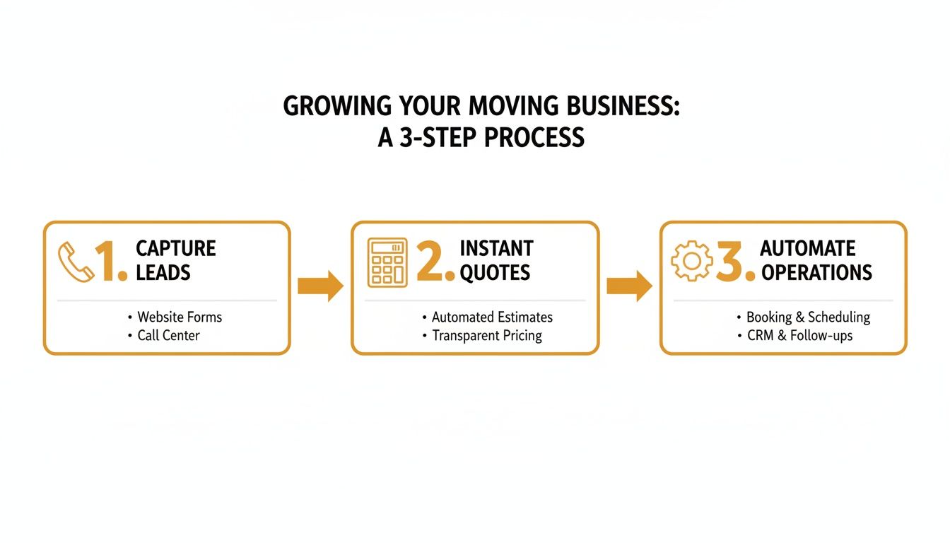 A 3-step process diagram explaining how to grow a moving business through lead capture, instant quotes, and automated operations.