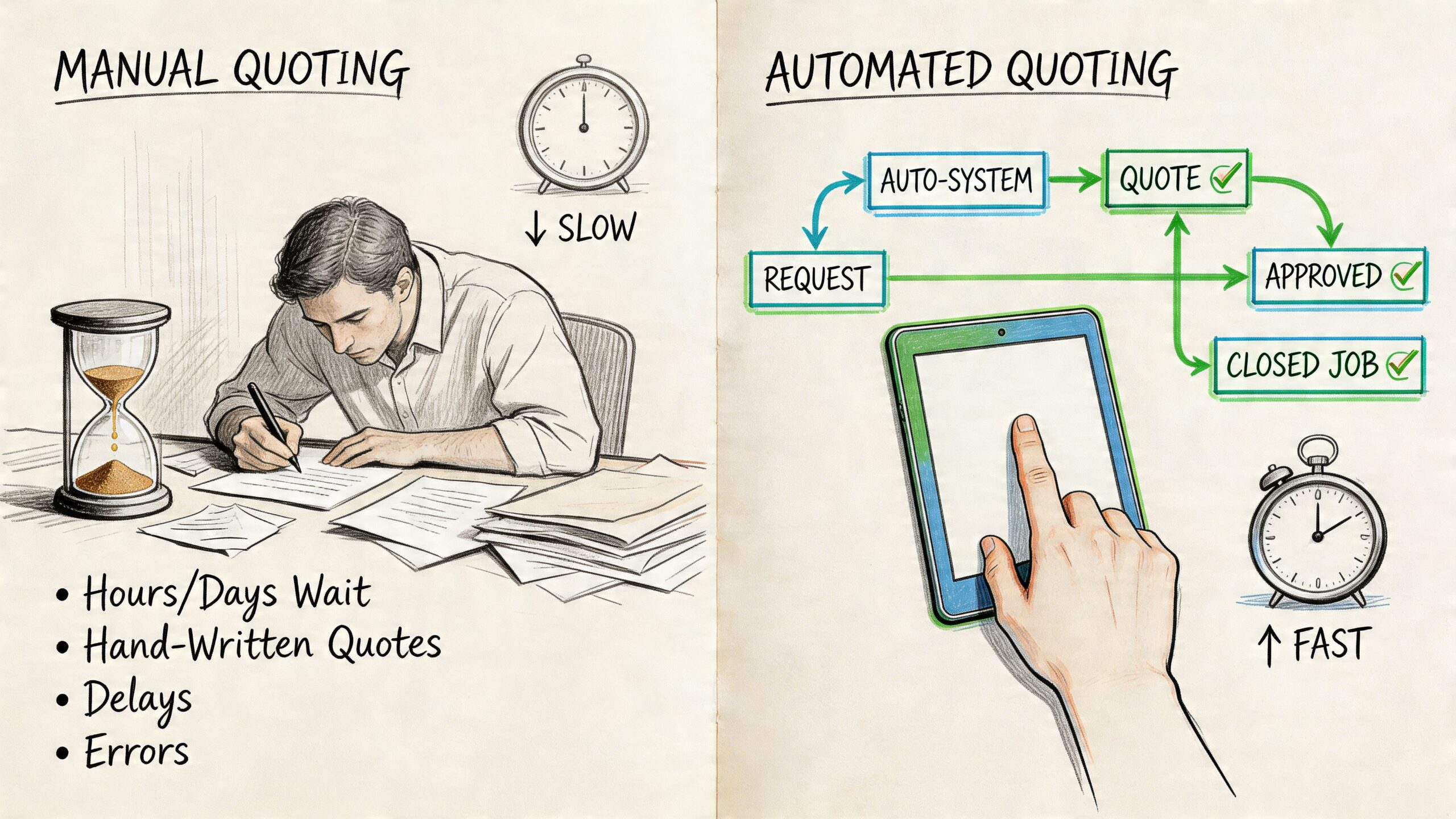A comparison illustration showing manual paper-based quoting versus efficient, fast automated digital quoting systems.