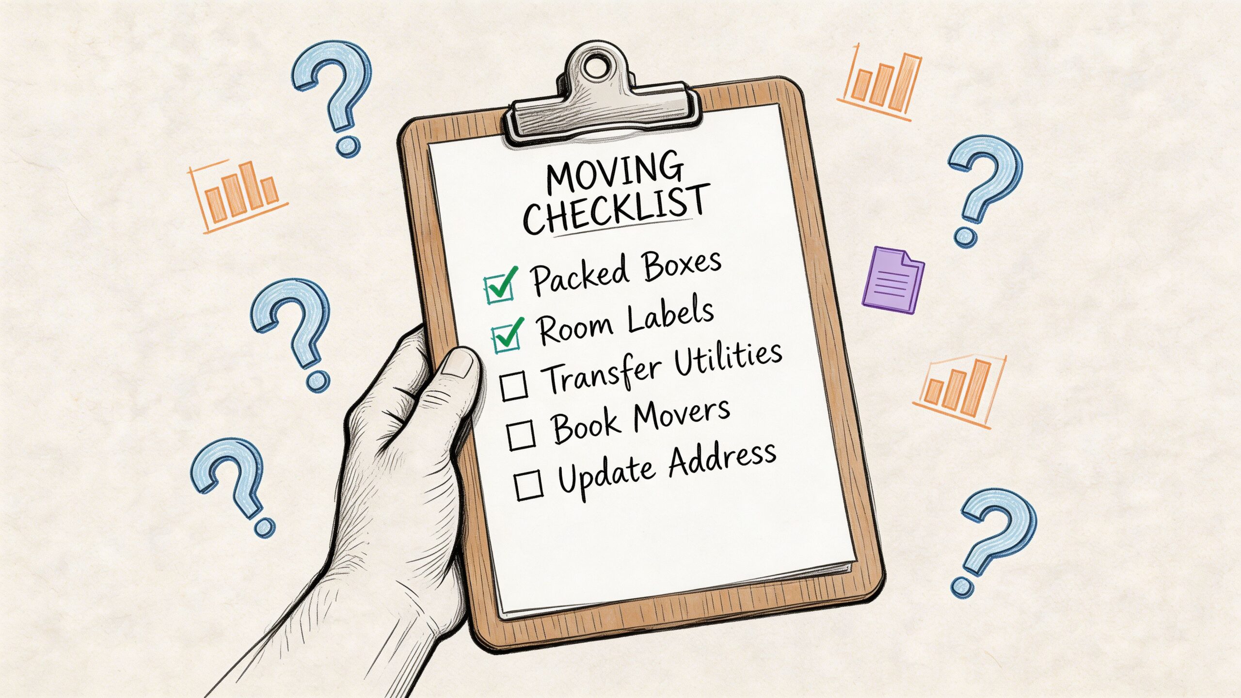 A hand holds a clipboard featuring a moving checklist with completed tasks and question mark illustrations.
