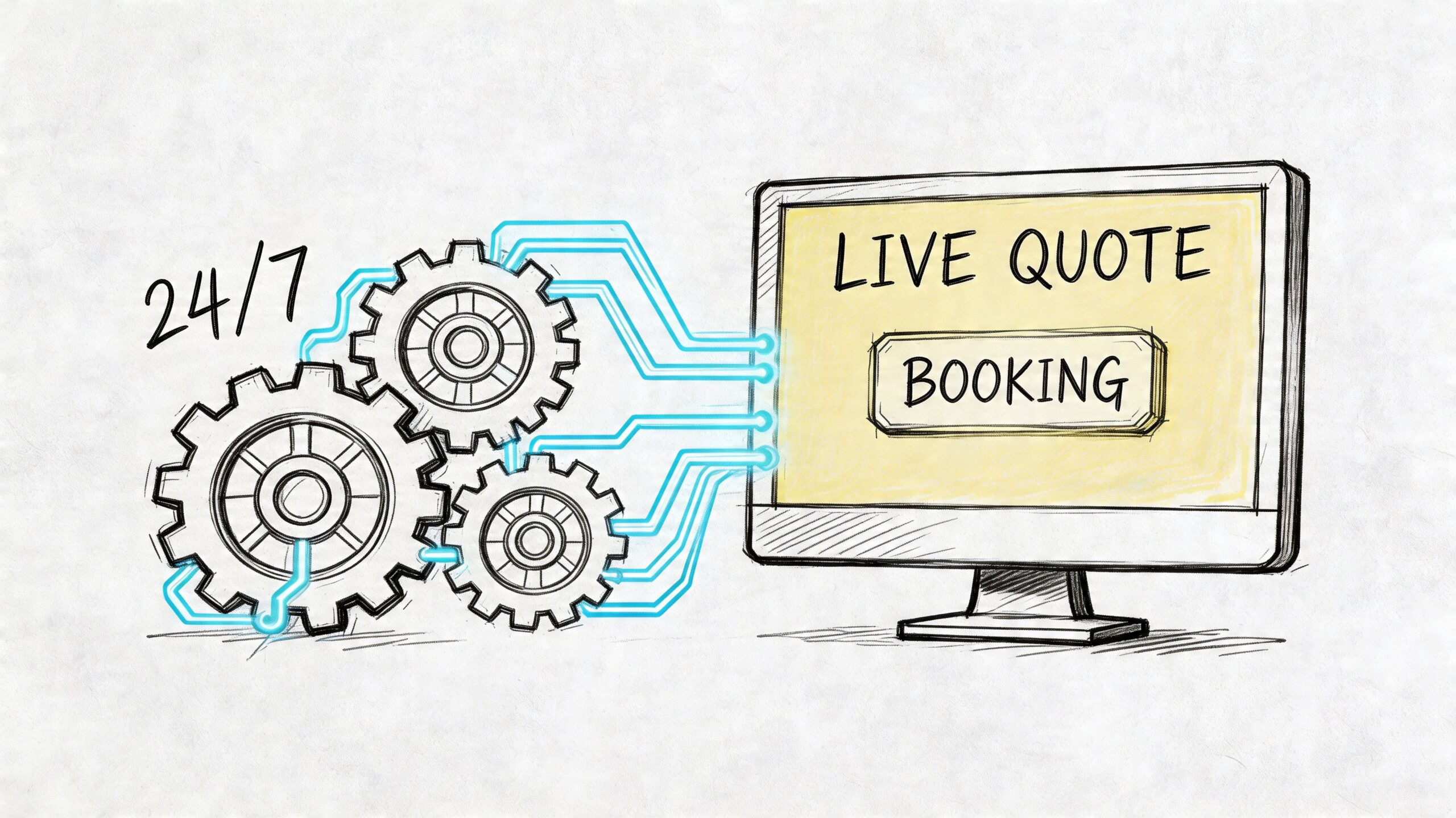 A conceptual illustration showing gears connected to a computer screen with live quote booking text.