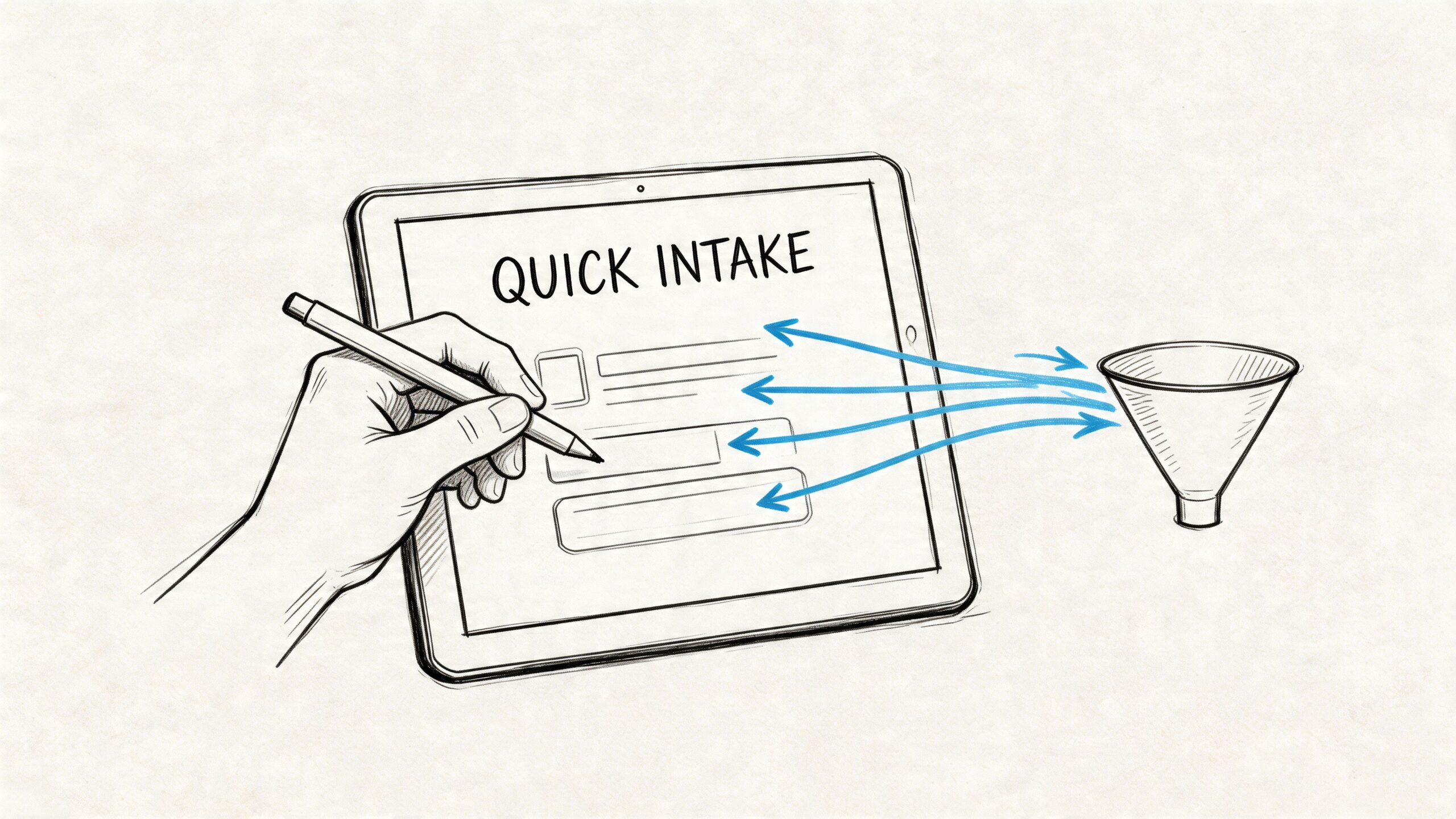 A hand filling out a quick intake form on a tablet that feeds into a blue funnel