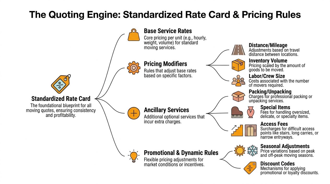 A diagram illustrating a standardized rate card and pricing rules for generating moving company quotes efficiently.