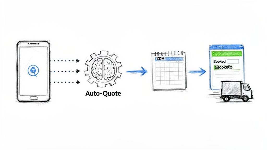 Diagram illustrating an automated process from a smartphone request to booking and delivery.