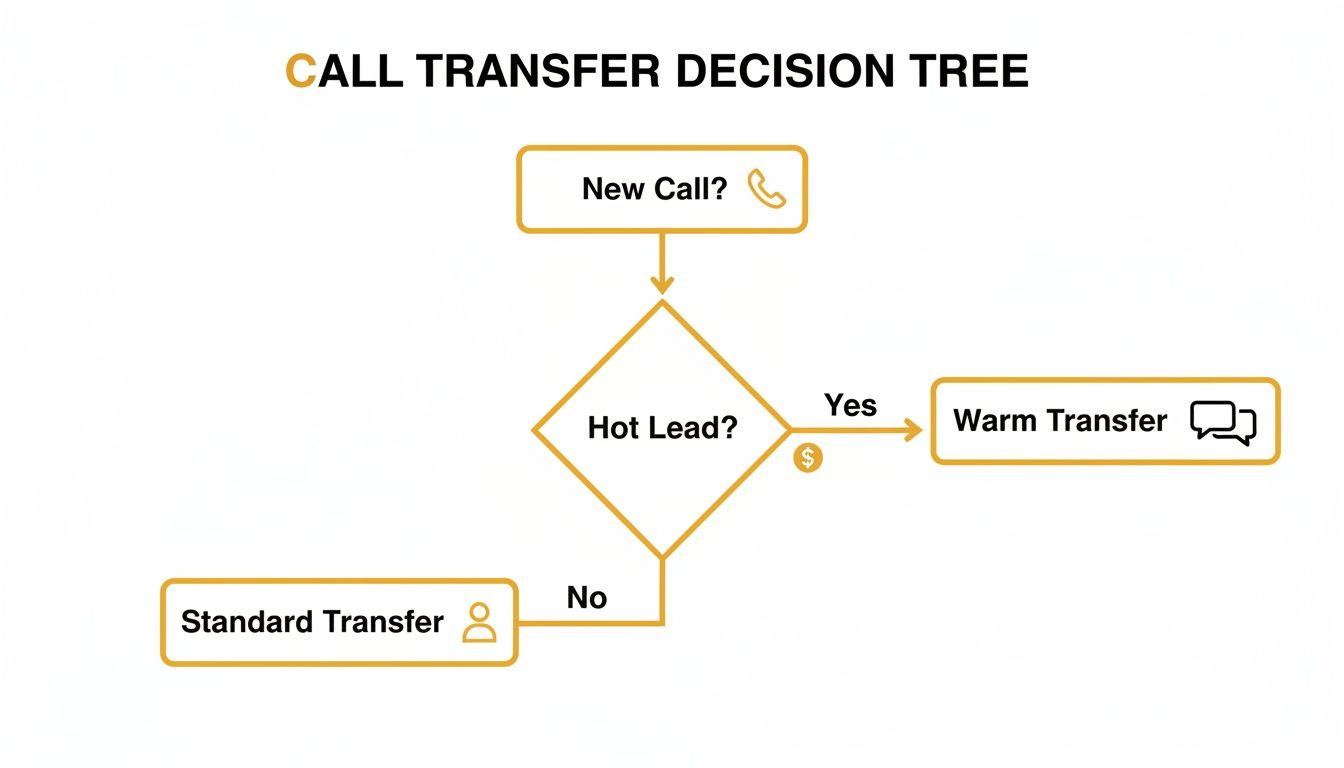 A call transfer decision tree flowchart, guiding agents on whether to perform a warm or standard transfer.