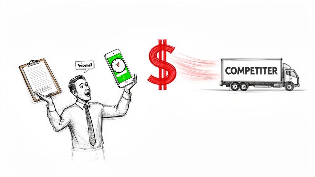 A frustrated man juggles a clipboard and a phone showing voicemail, as money flows to a competitor's truck.