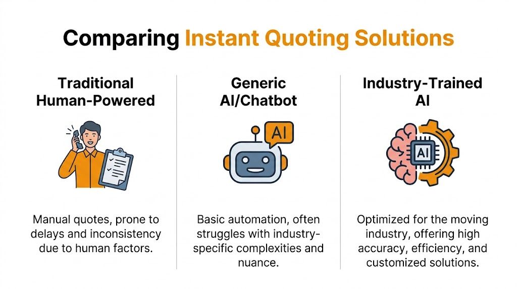 A comparison chart showing human-powered, generic AI, and industry-trained AI for instant moving estimates.