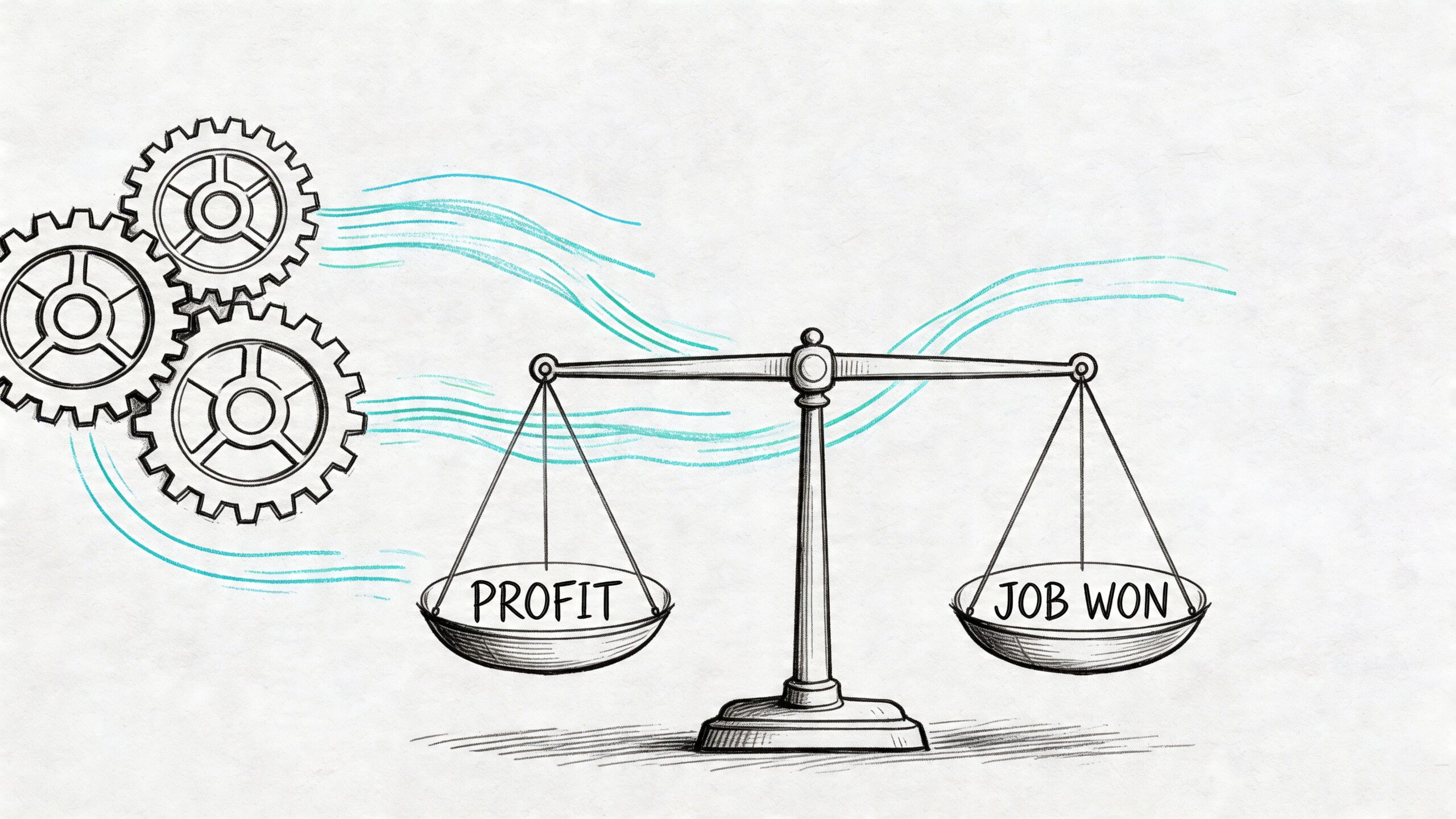 A conceptual illustration of a balance scale weighing the concepts of profit and job won.