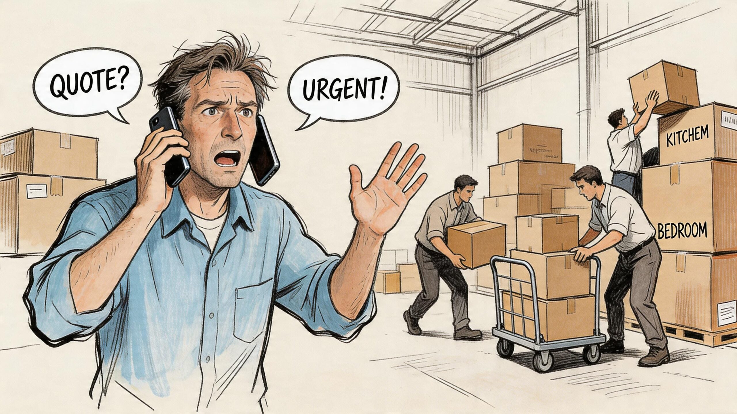 A stressed warehouse manager talks on two phones while workers move boxes in the background.