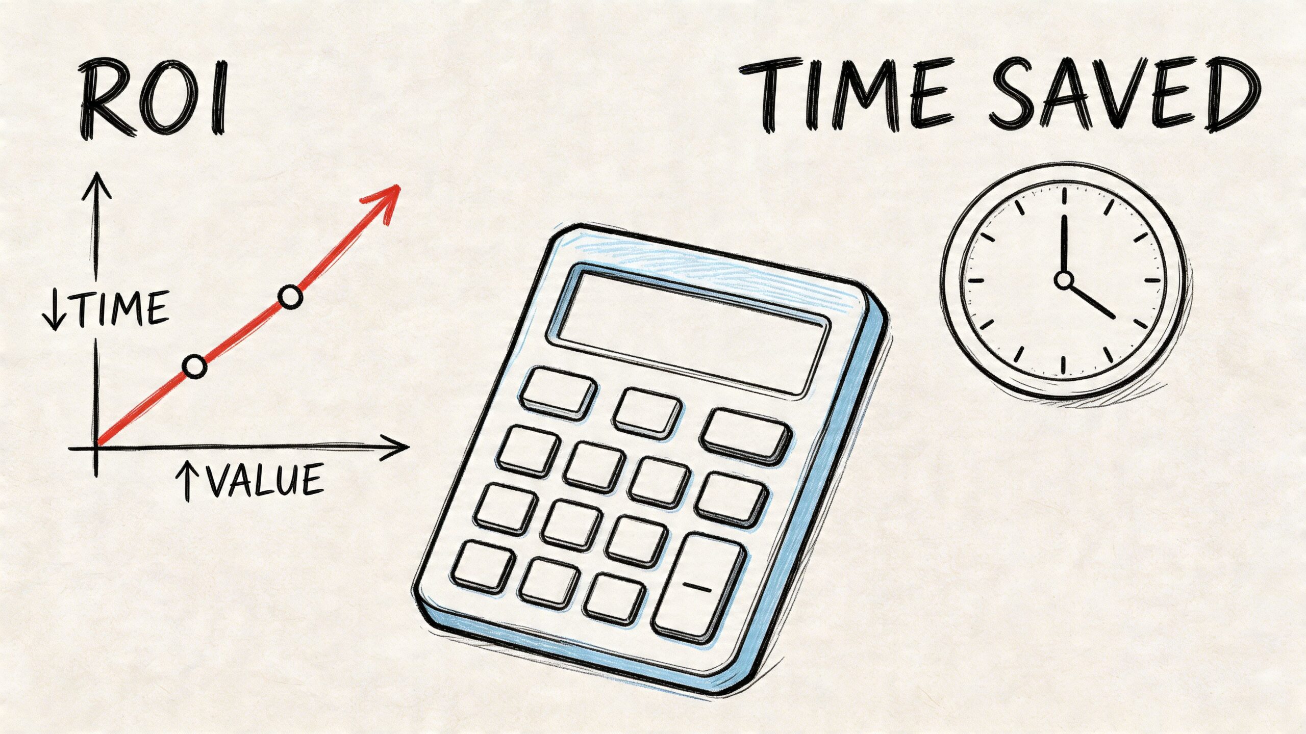 A conceptual illustration showing ROI, a calculator, and a clock to symbolize time saved and value created.