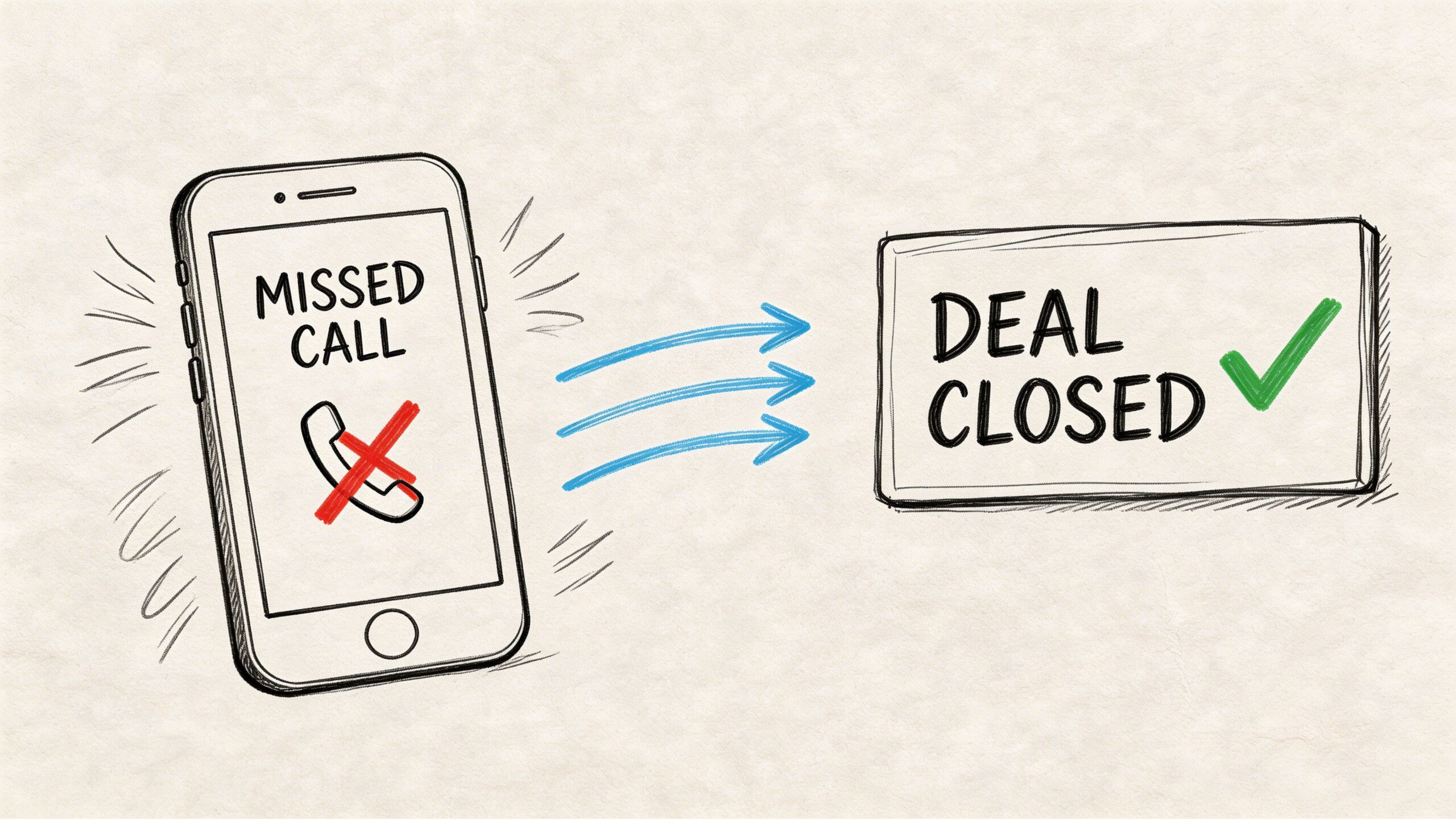 A conceptual illustration showing a missed call icon transitioning into a closed deal sign with a checkmark.