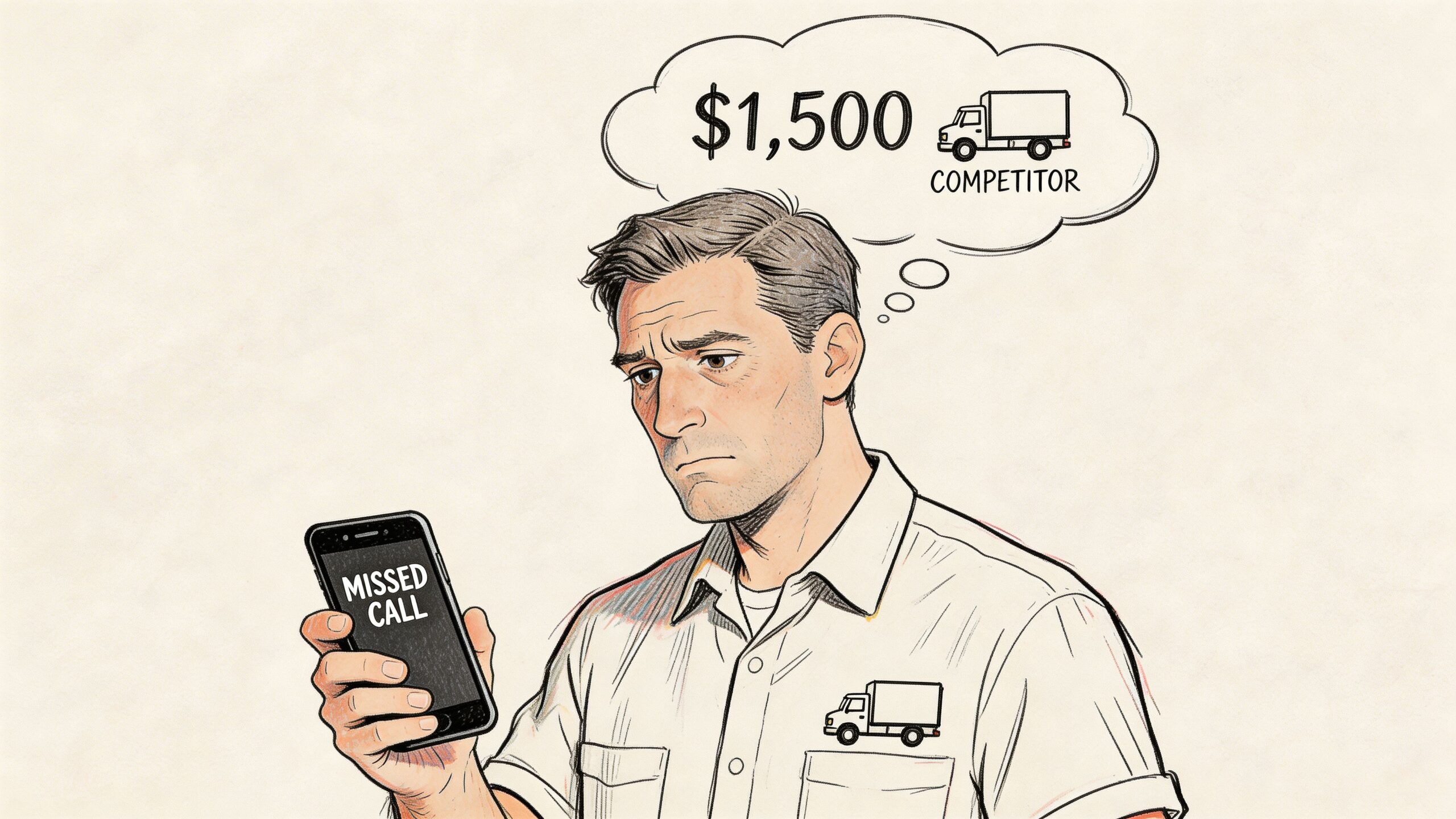 A concerned worker looking at a missed call on their smartphone, worrying about losing business to a competitor.