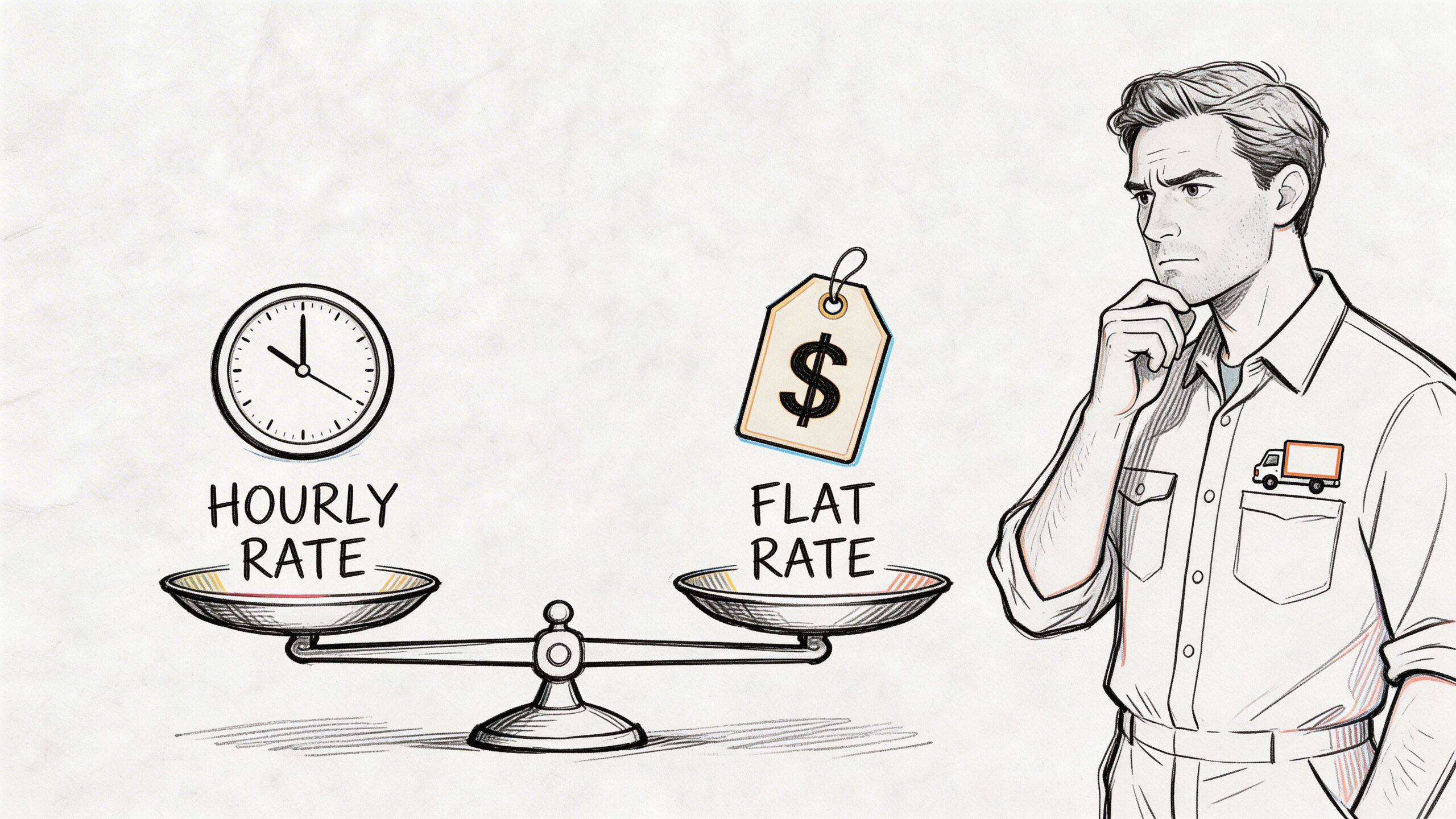 A man in uniform pondering a decision between an hourly rate and a flat rate pricing model.