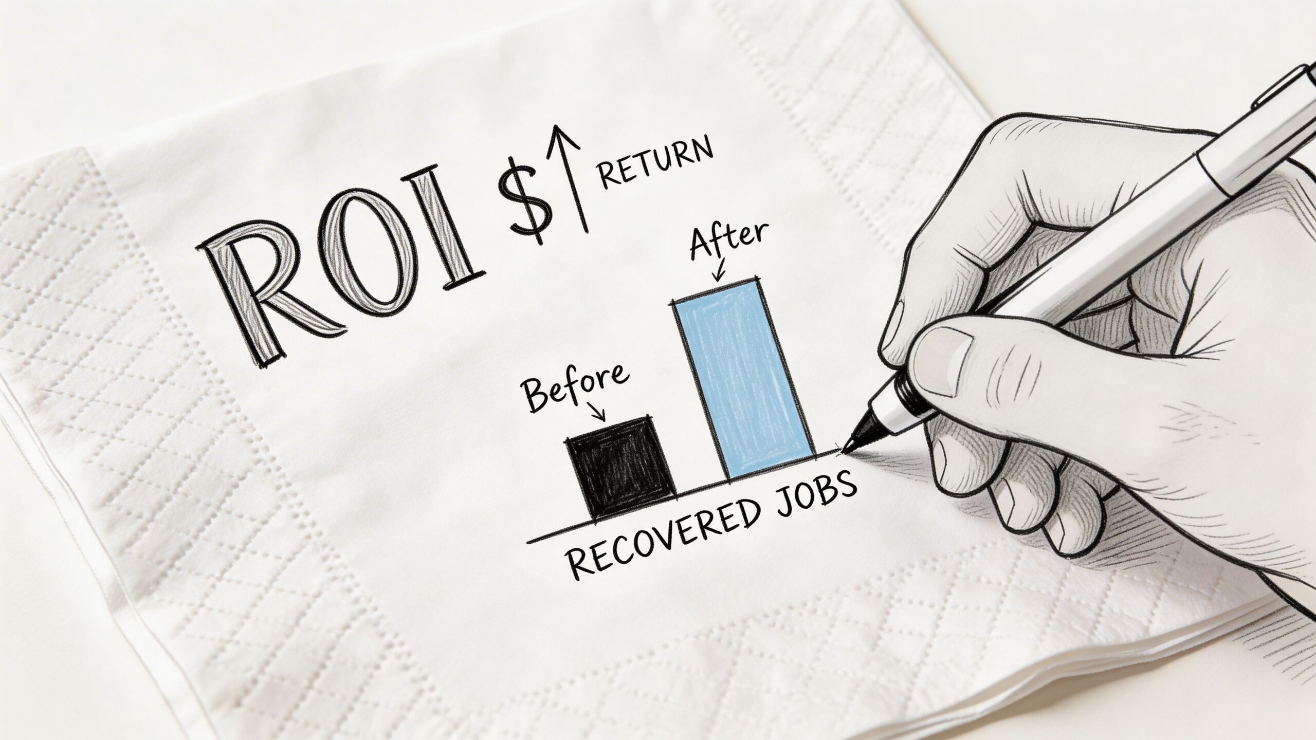 A hand drawing a bar chart on a napkin illustrating ROI increase for recovered jobs.