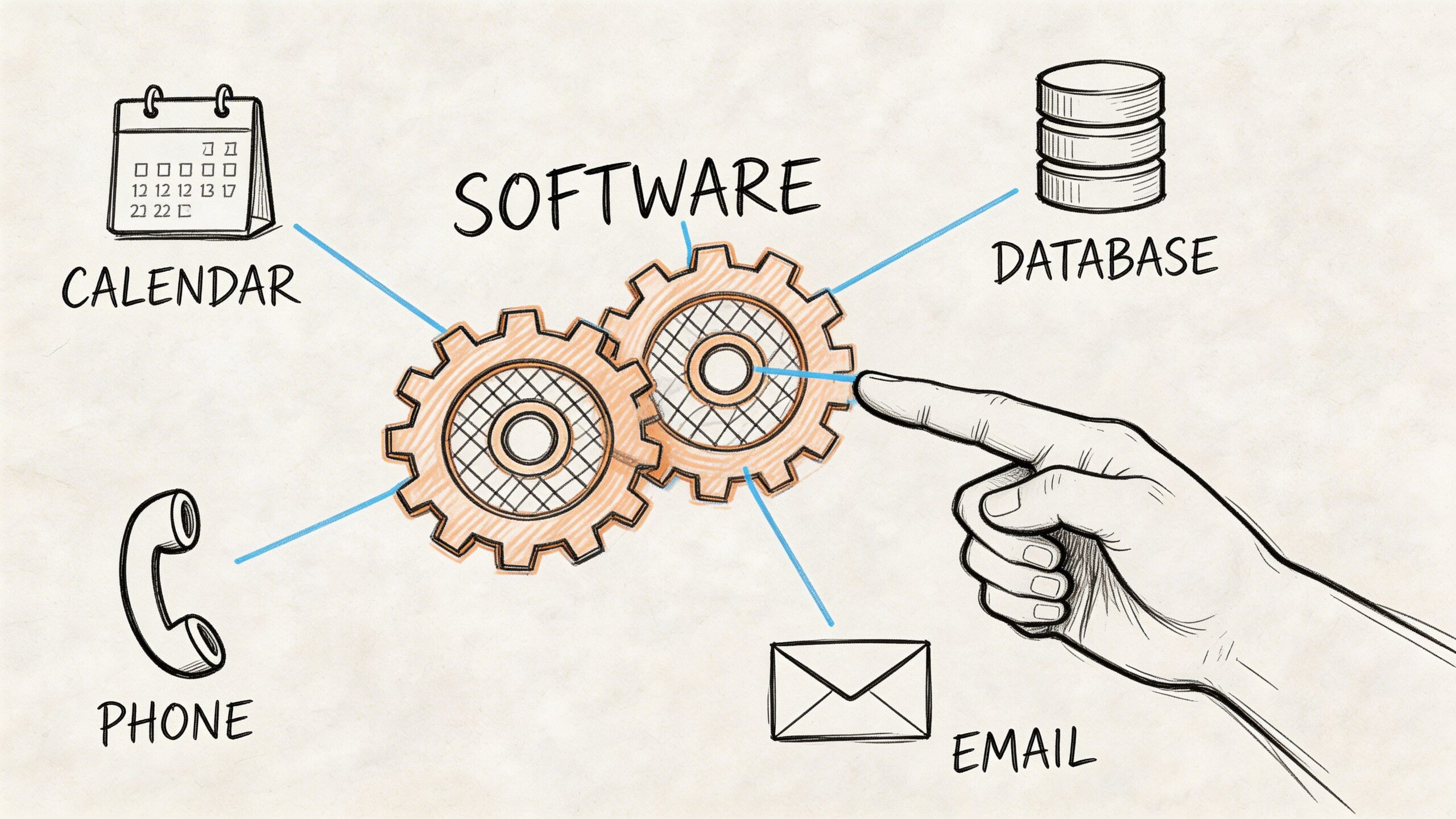 A hand pointing toward digital gears representing software integration with calendar, phone, email, and database tools.