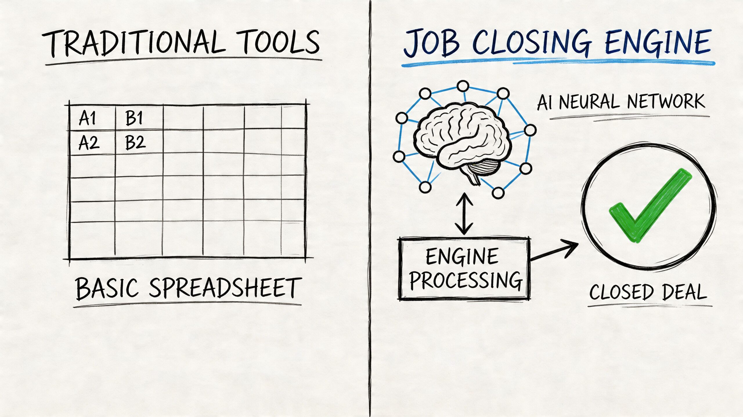 A comparison sketch showing basic spreadsheet tools versus an AI neural network for job closing.