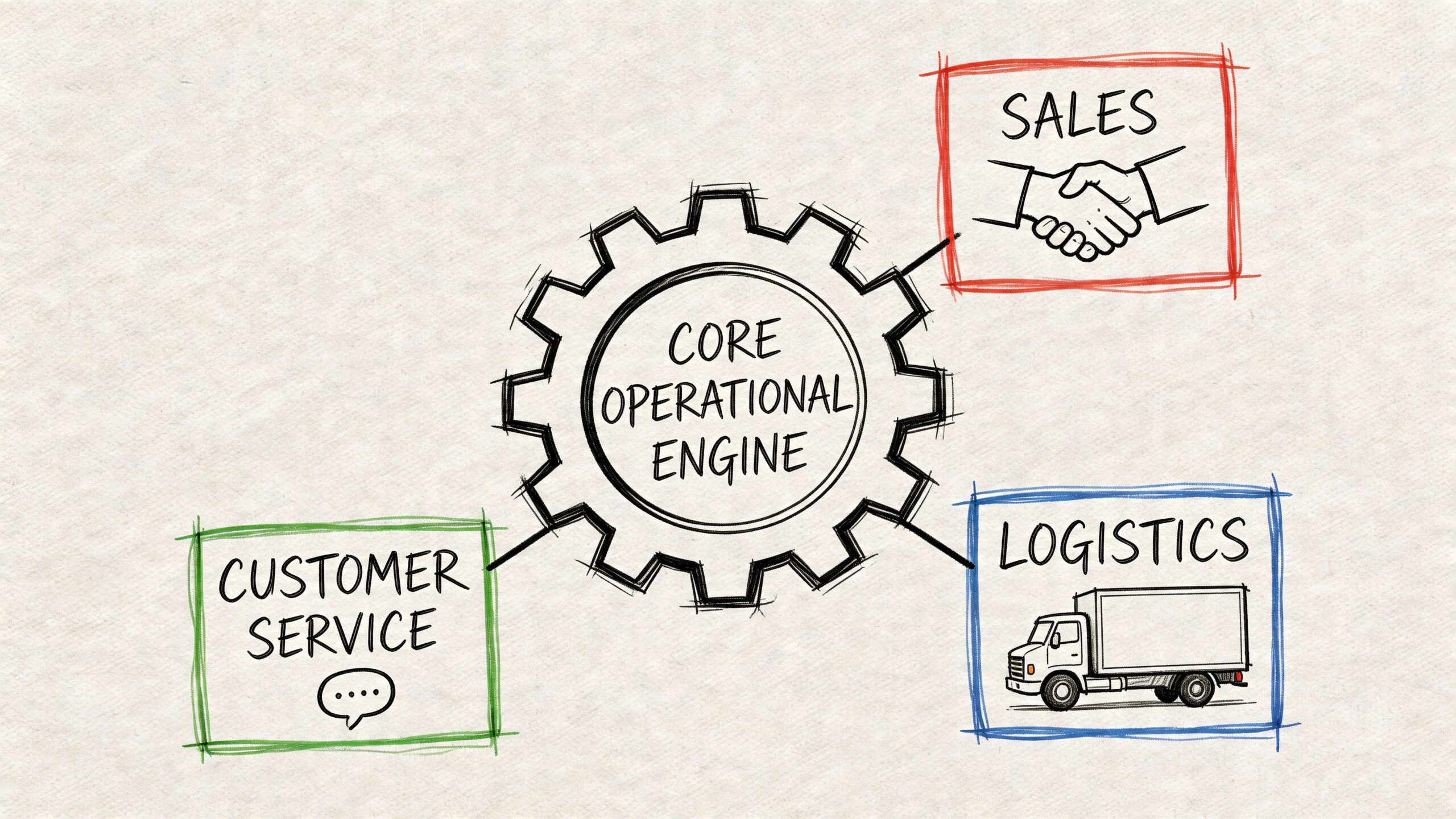 A diagram illustrating a core operational engine connected to customer service, sales, and logistics departments.