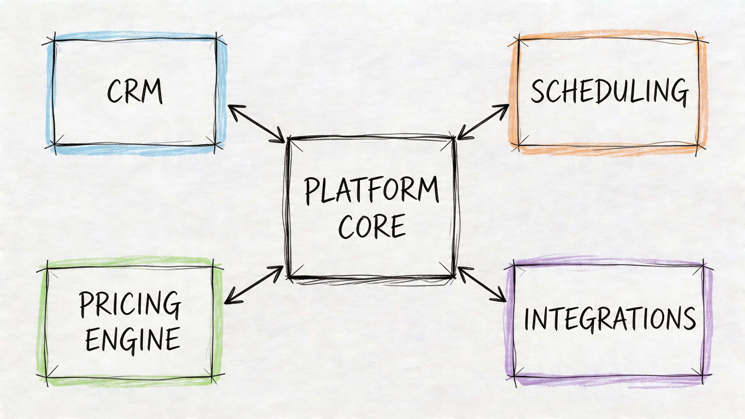 A diagram illustrating a central platform core connected to CRM, scheduling, pricing engine, and integrations components.