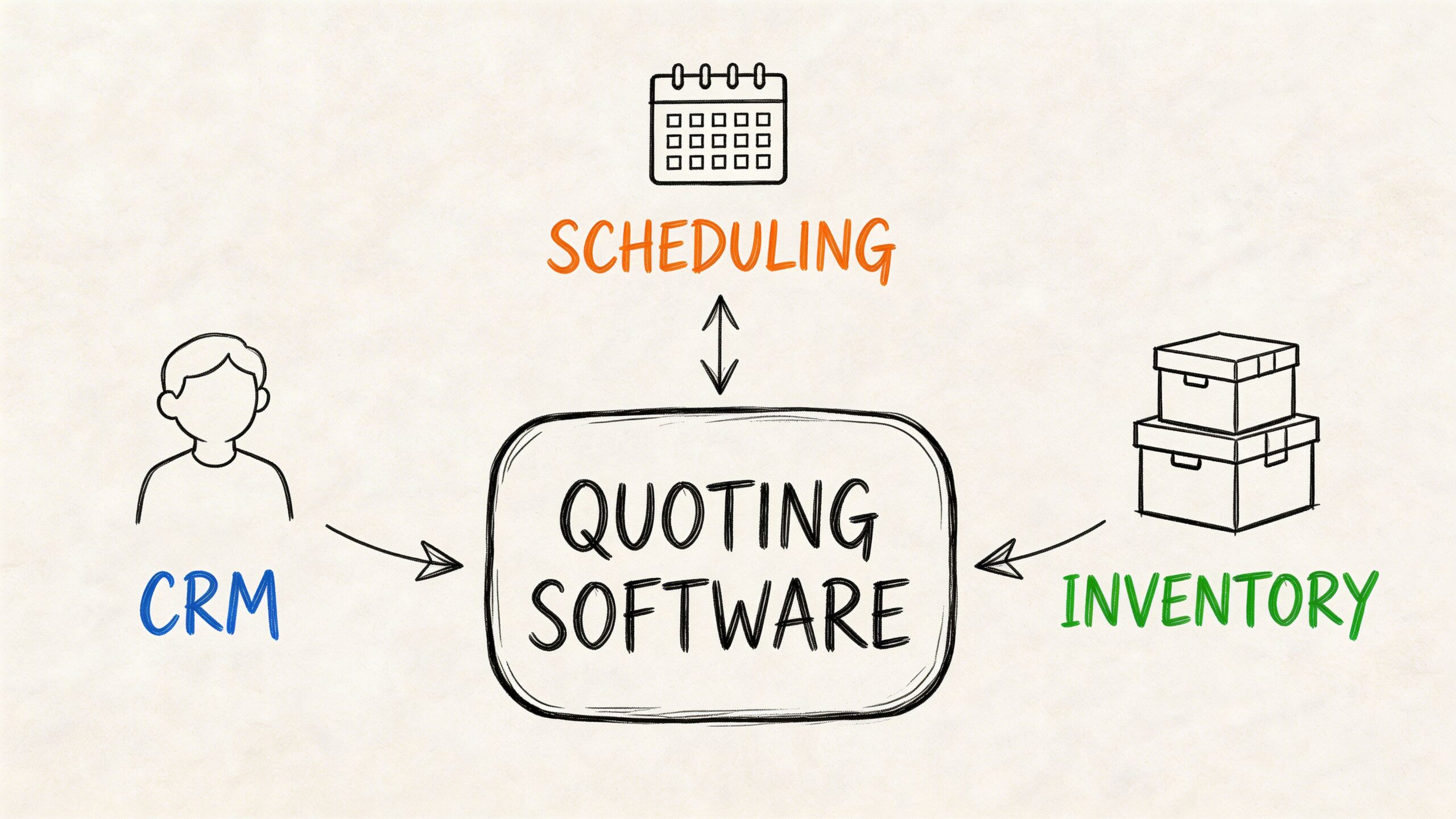 A diagram illustrating the integration between quoting software, CRM, scheduling, and inventory management systems.
