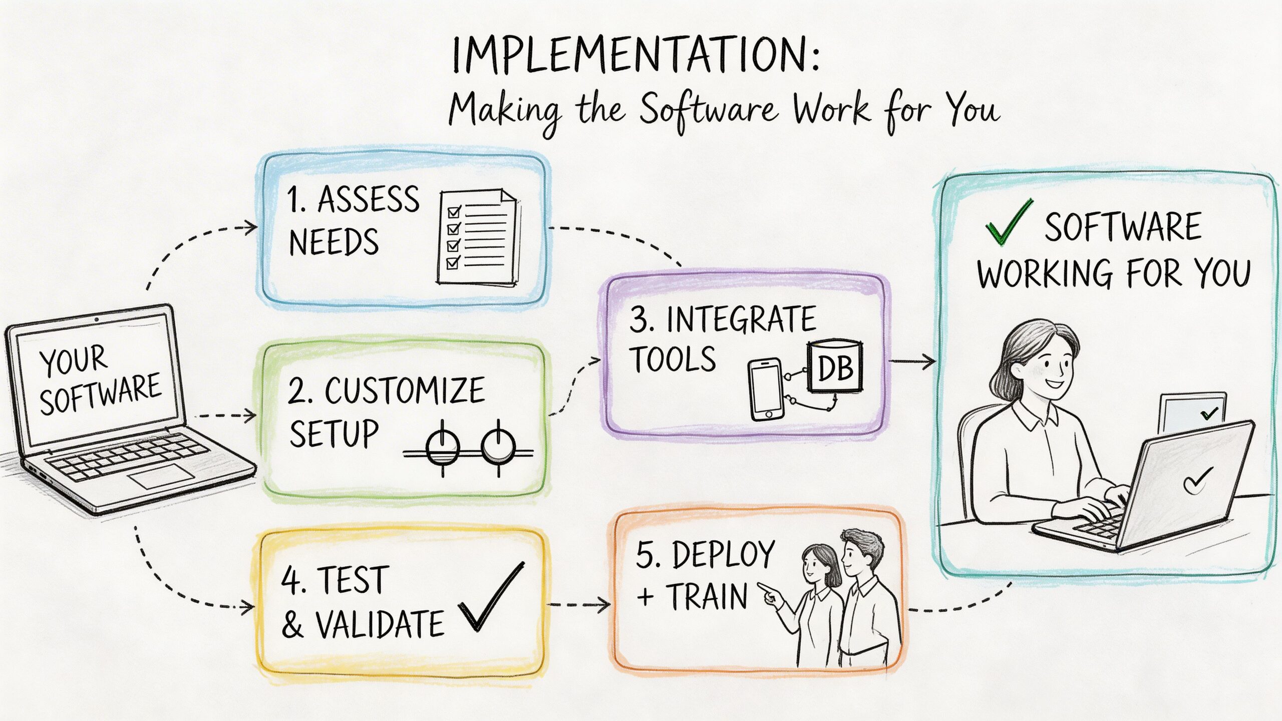 A hand-drawn flowchart illustrating the five steps of software implementation for moving company quoting software.