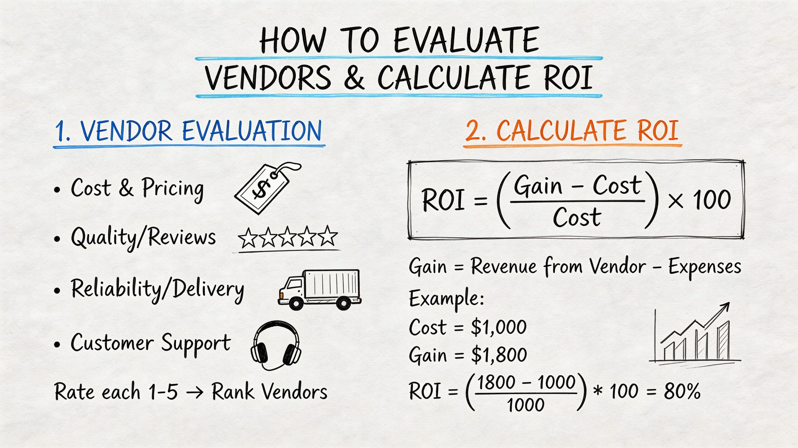 A hand-drawn infographic showing how to evaluate business vendors and calculate return on investment effectively.