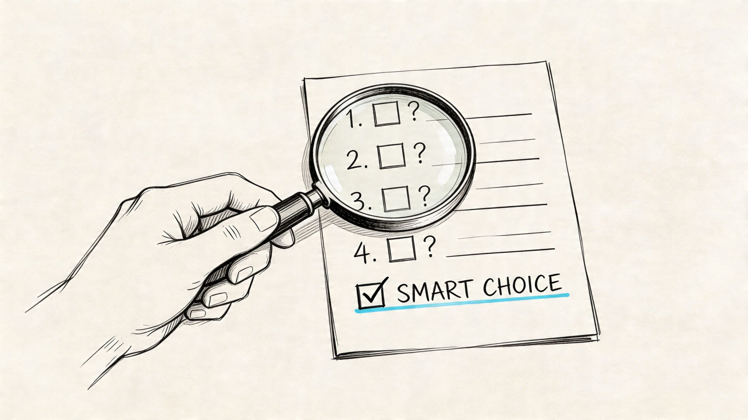 A hand holding a magnifying glass over a document with a checklist and the words Smart Choice.