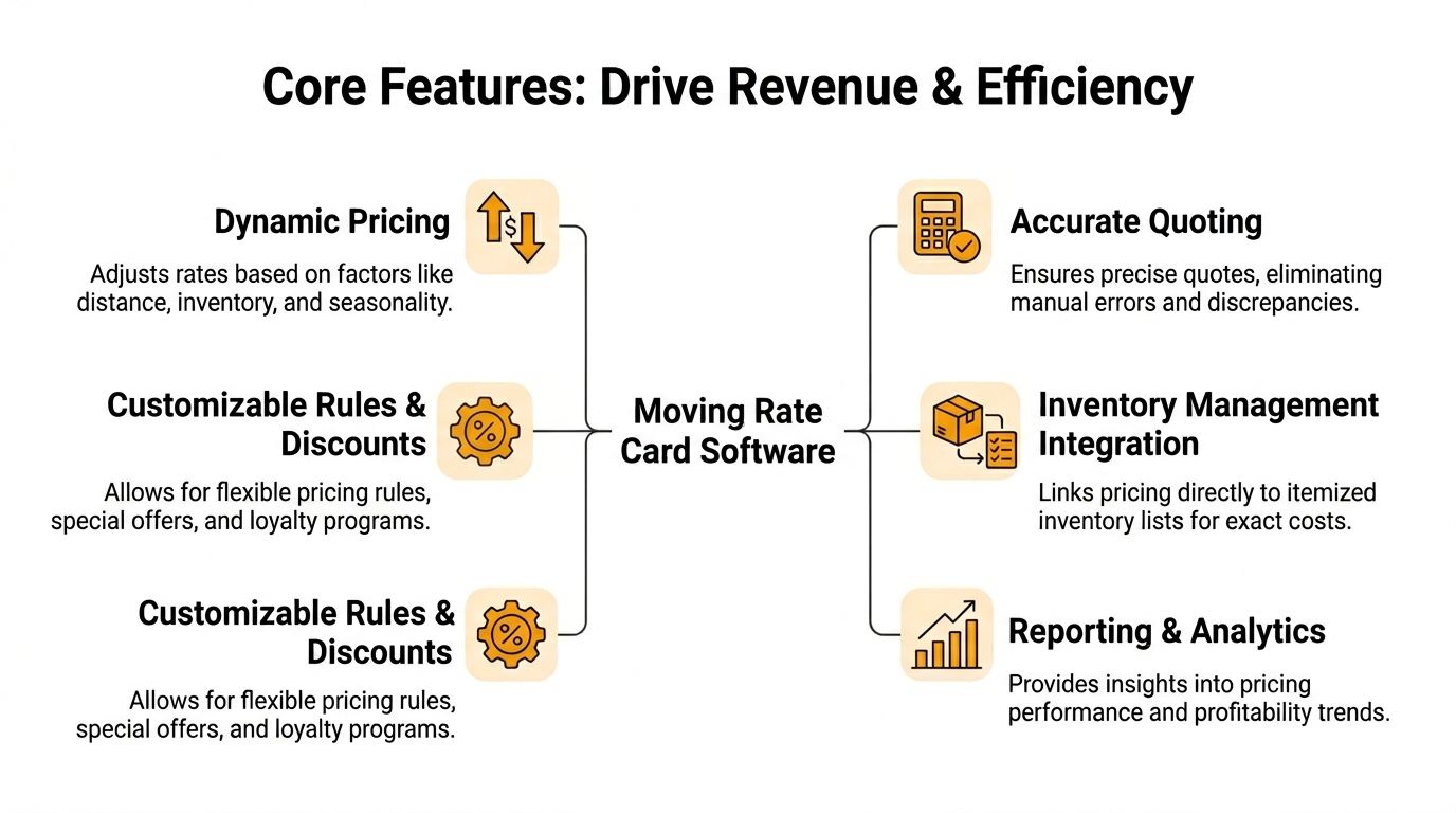 A diagram illustrating the core features of moving company rate card software for revenue and efficiency.