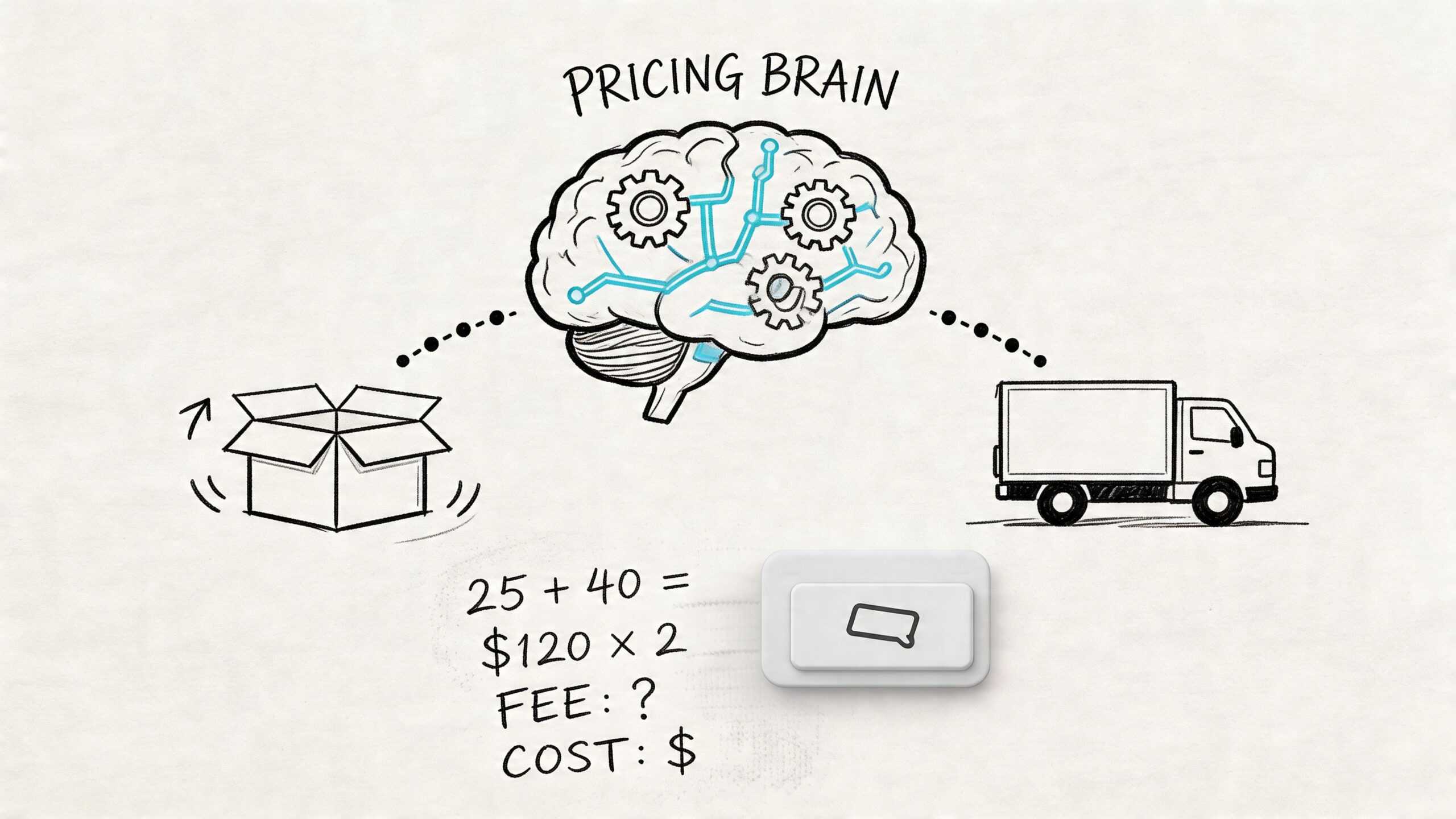 A conceptual illustration of a Pricing Brain processing logistics inputs for a moving company software solution.